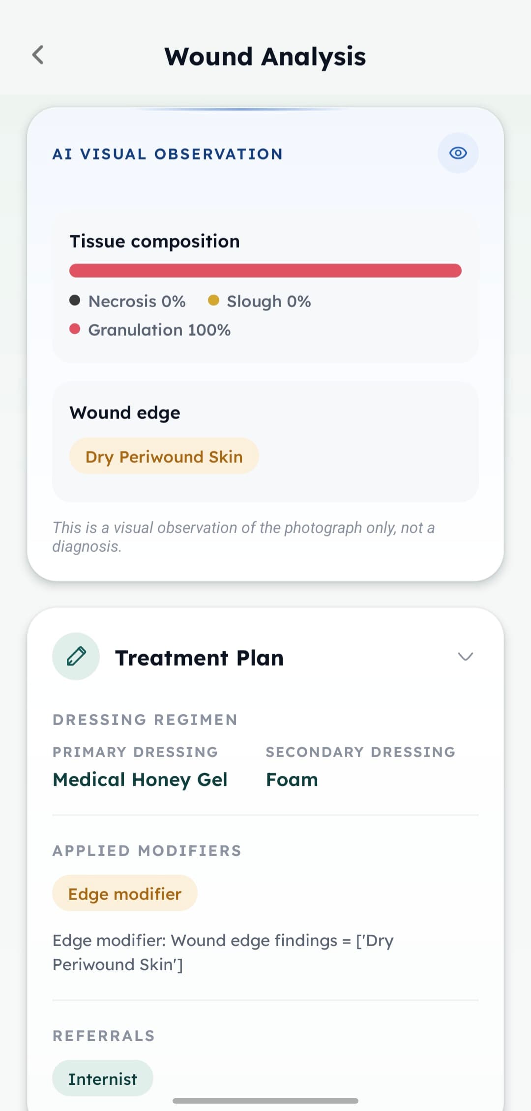 Epitello wound analysis screen showing AI visual observation of tissue composition and a generated treatment plan