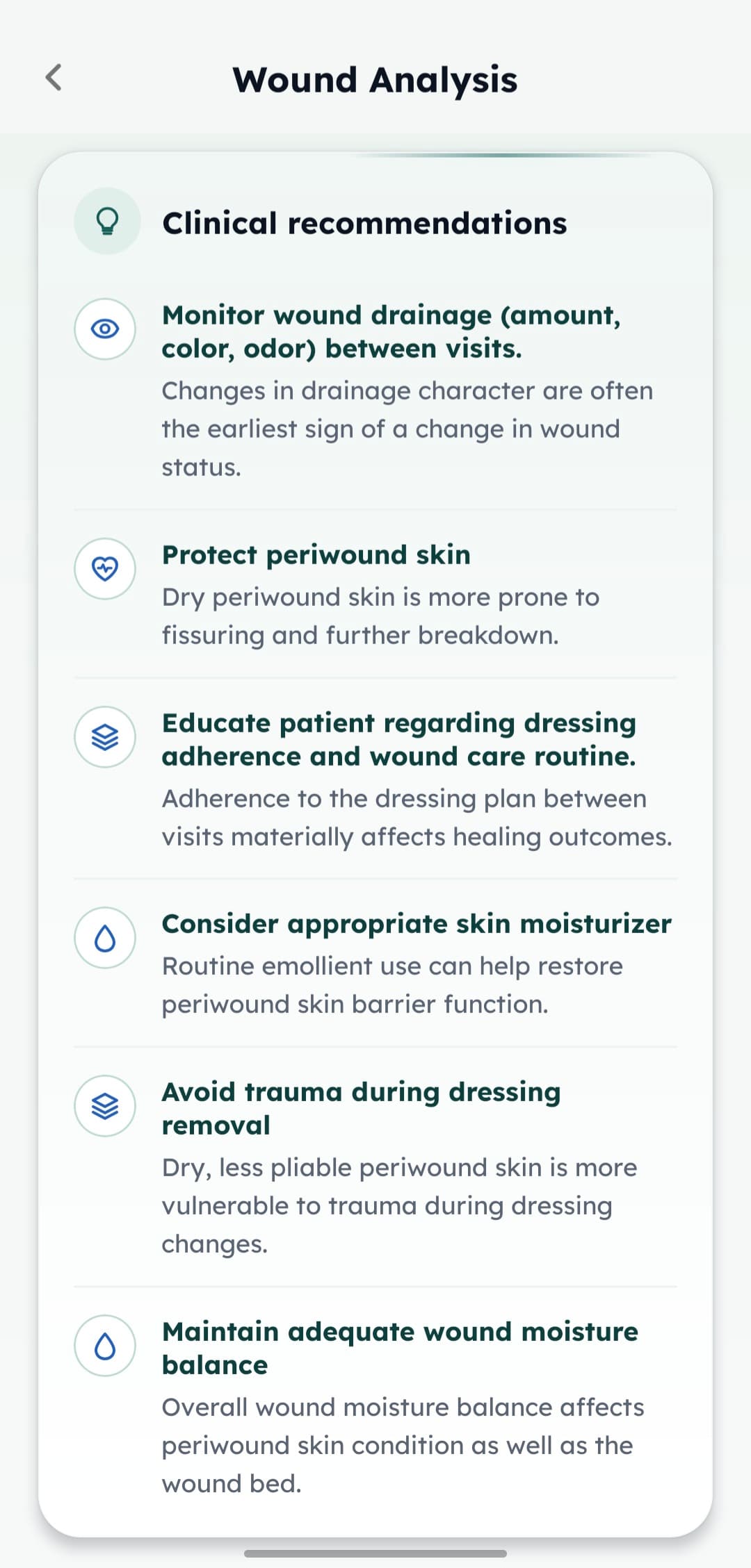 Epitello wound analysis screen showing clinical recommendations for monitoring and periwound care
