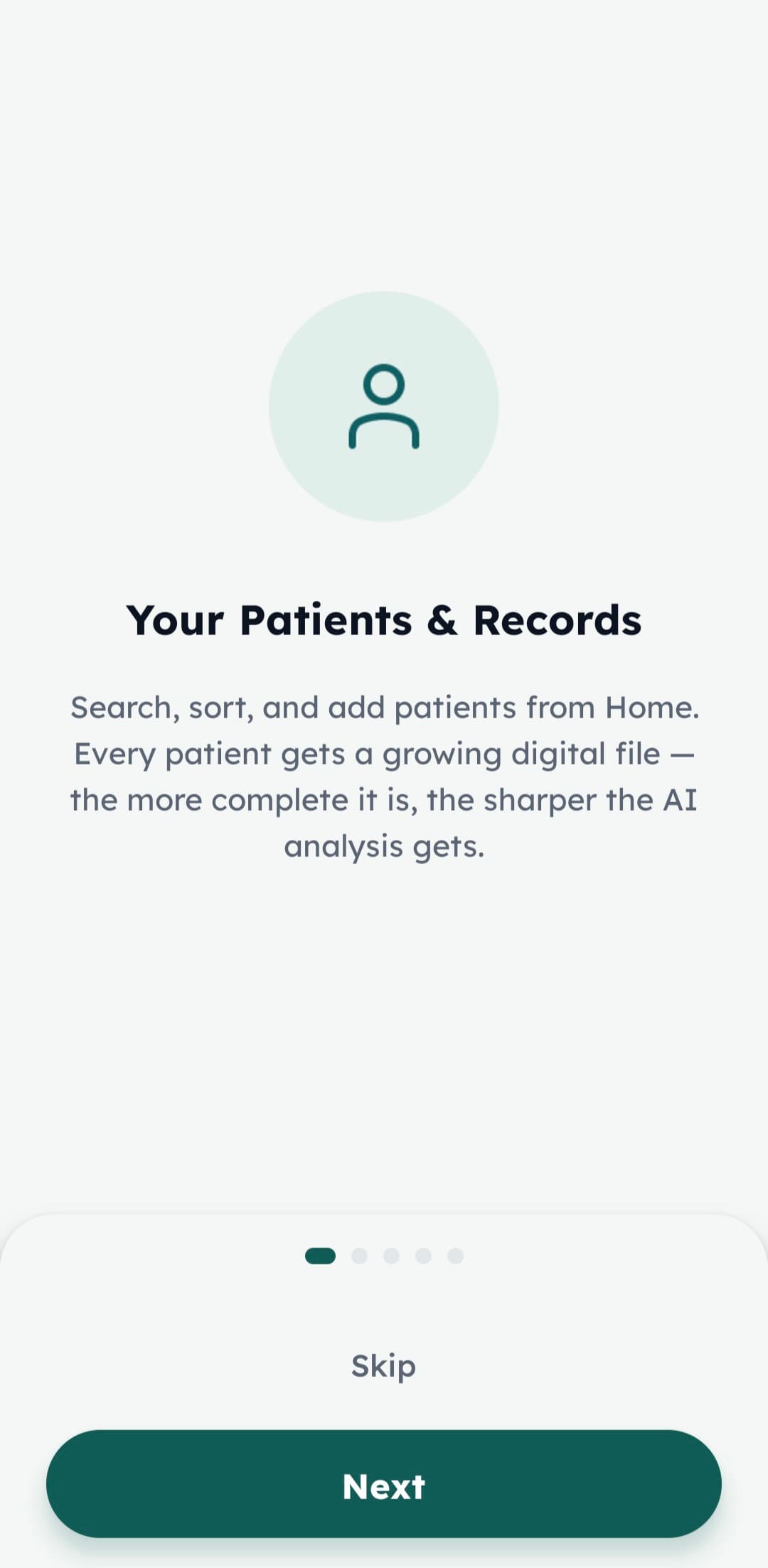 Epitello in-app guidance screen explaining that every patient gets a growing digital file